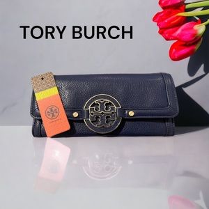 TORY BURCH NEW PEB LEATHER AMANDA CONTINENTAL WALLET MILLER BLUE MOTHERS DAYgift